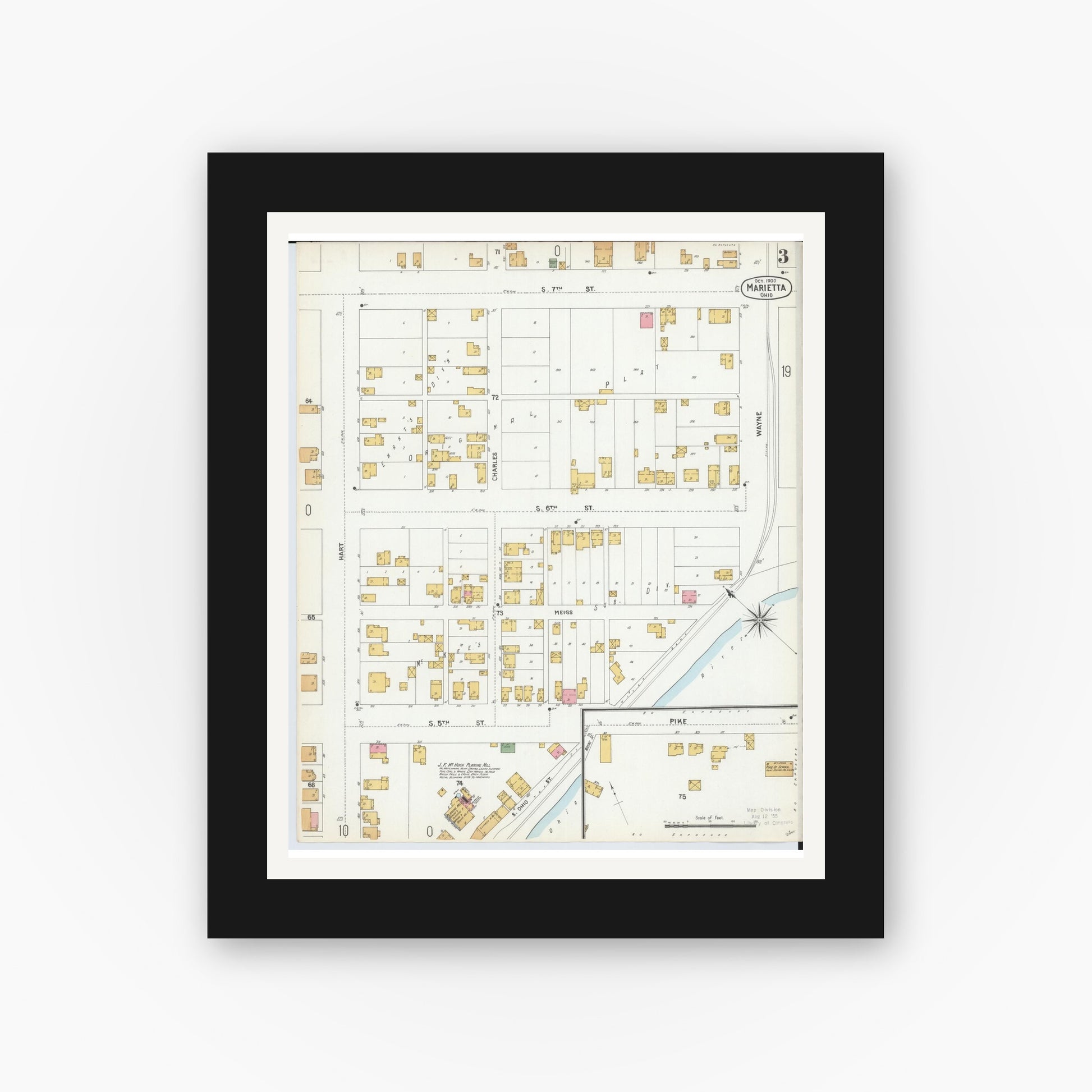 Old map wall art mockup — black gallery frame with white mat — Sanborn Fire Insurance Map from Marietta, Washington County, Ohio (1900), Sheet #0003