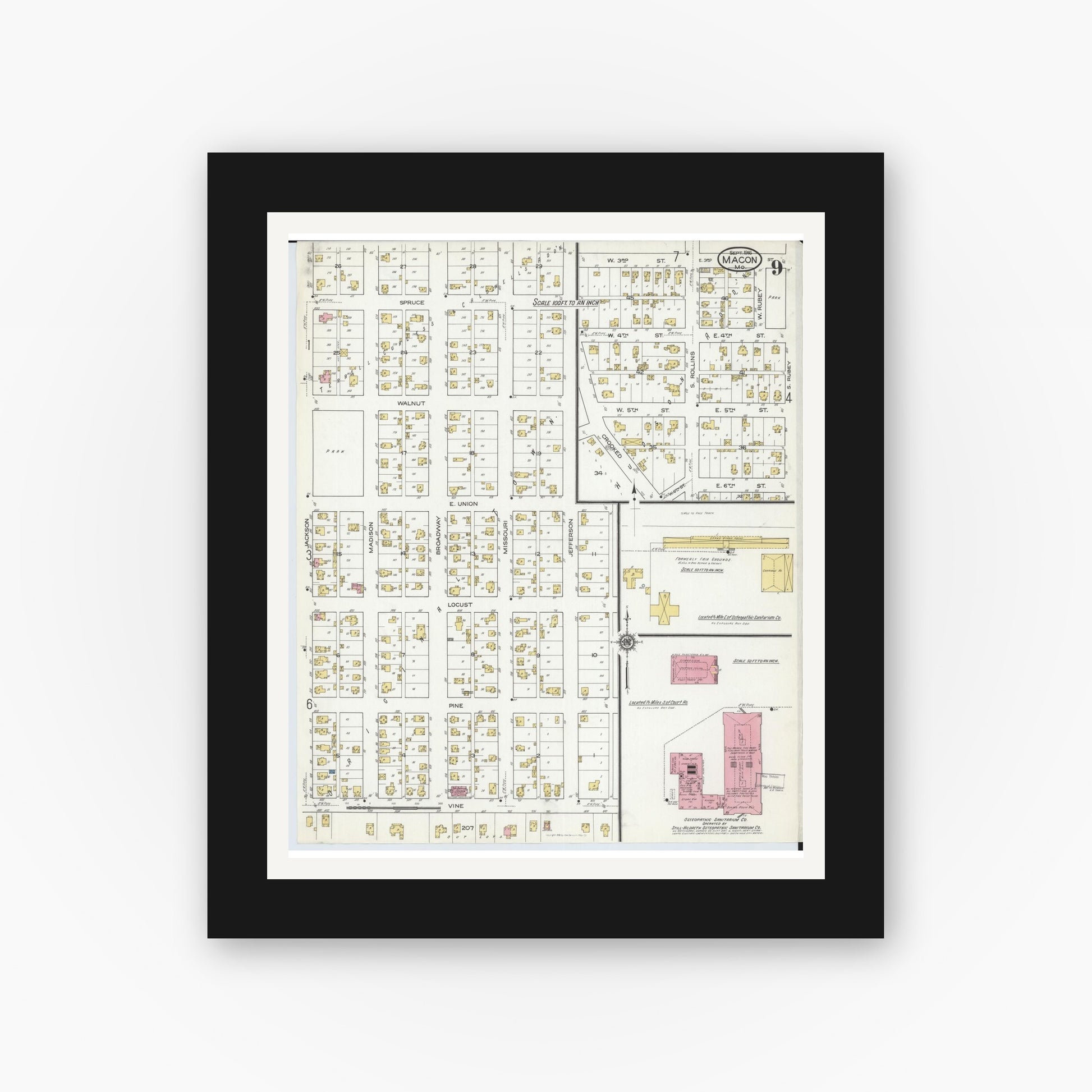Old map wall art mockup — black gallery frame with white mat — Sanborn Fire Insurance Map from Macon, Macon County, Missouri (1916), Sheet #0009
