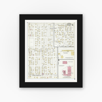 Old map wall art mockup — black gallery frame with white mat — Sanborn Fire Insurance Map from Macon, Macon County, Missouri (1916), Sheet #0009