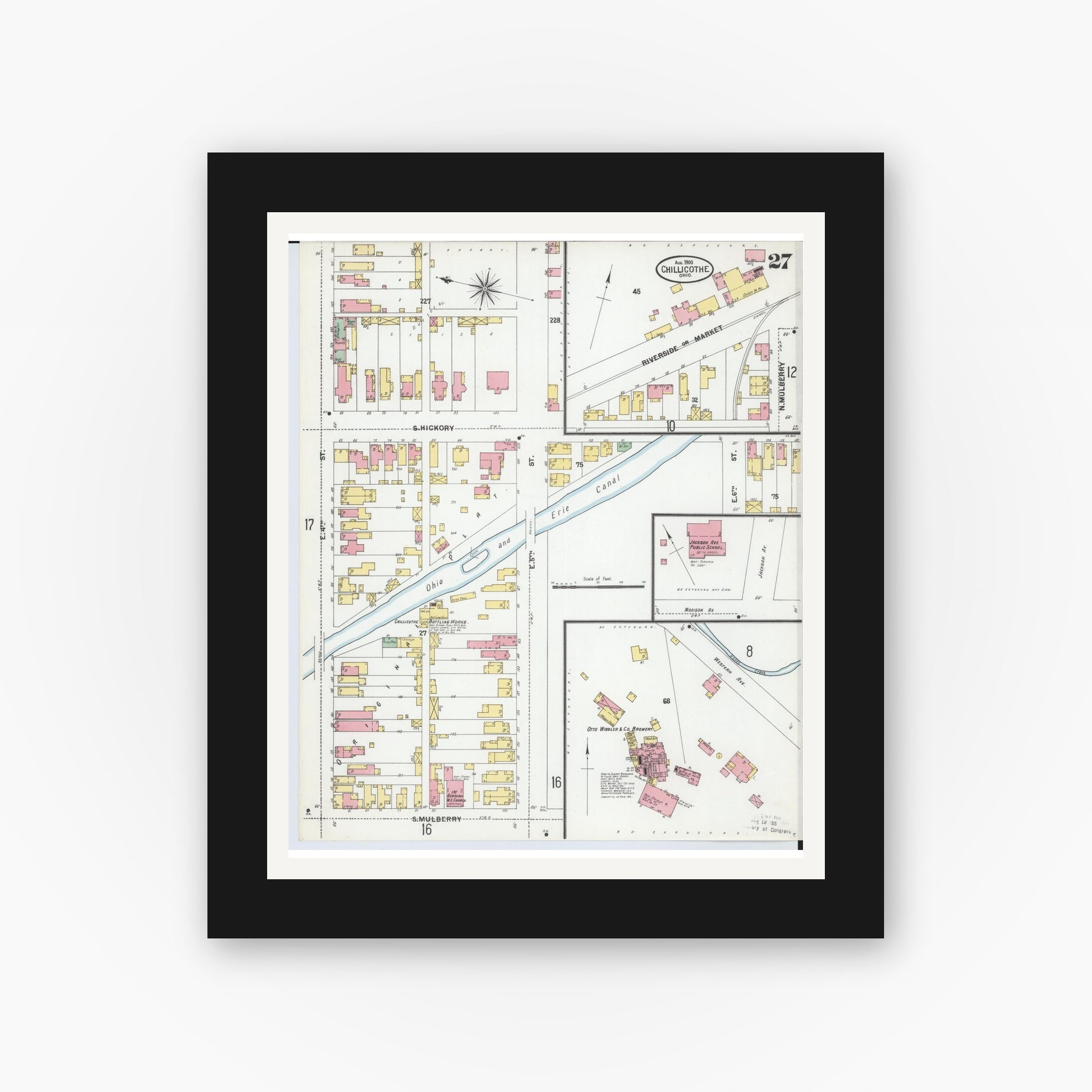 Old map wall art mockup — black gallery frame with white mat — Sanborn Fire Insurance Map from Chillicothe, Ross County, Ohio (1900), Sheet #0027