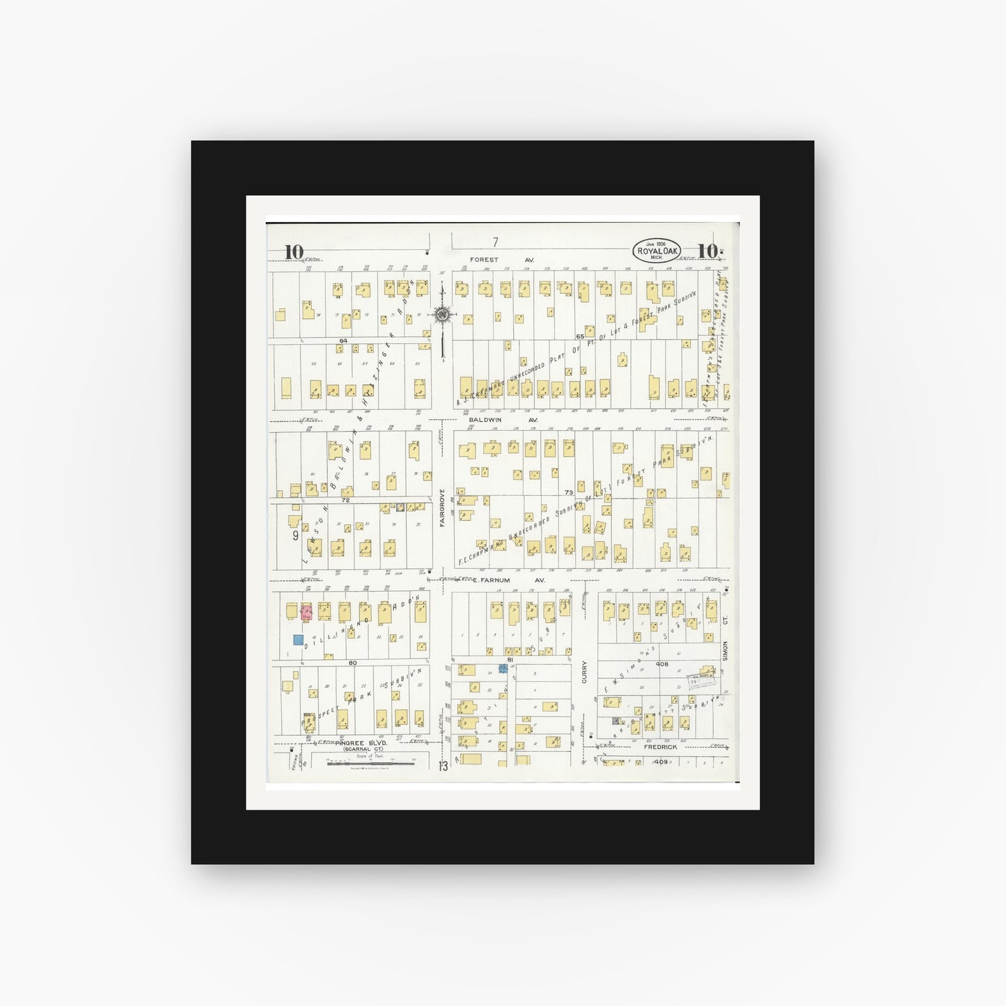 Old map wall art mockup — black gallery frame with white mat — Sanborn Fire Insurance Map from Royal Oak, Oakland County, Michigan (1926), Sheet #0010