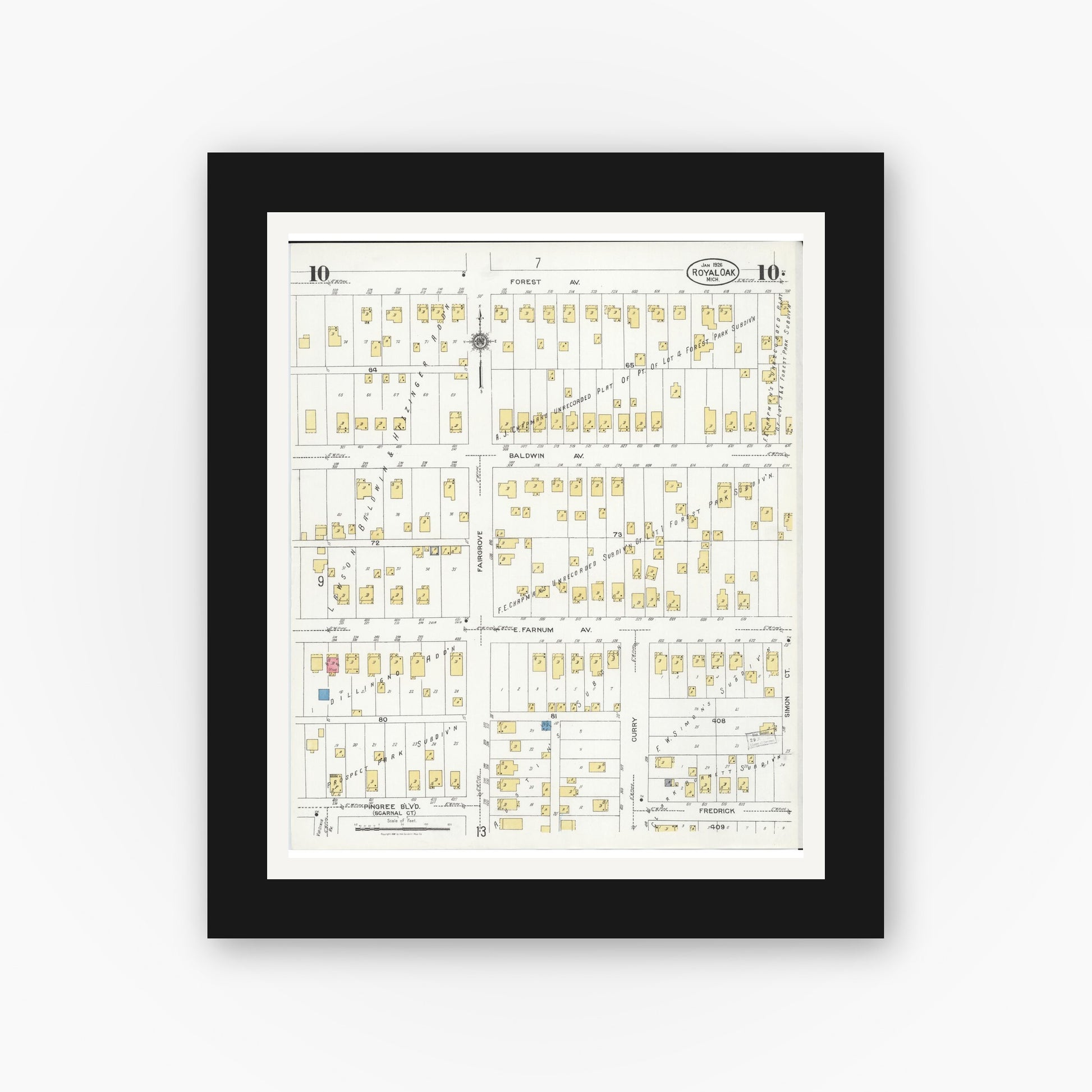 Old map wall art mockup — black gallery frame with white mat — Sanborn Fire Insurance Map from Royal Oak, Oakland County, Michigan (1926), Sheet #0010