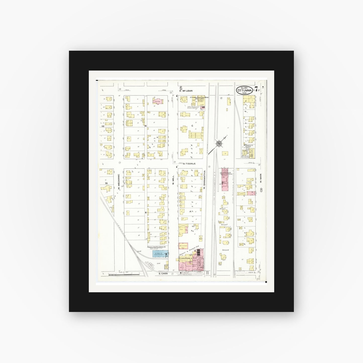 Old map wall art mockup — black gallery frame with white mat — Sanborn Fire Insurance Map from Ottumwa, Wapello County, Iowa (1909), Sheet #0007