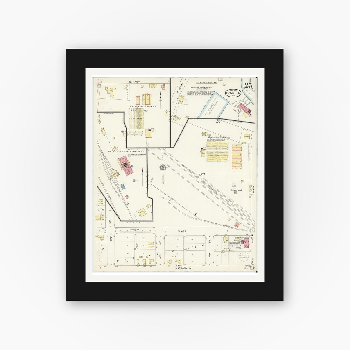 Old map wall art mockup — black gallery frame with white mat — Sanborn Fire Insurance Map from Princeton, Gibson County, Indiana (1914), Sheet #0025