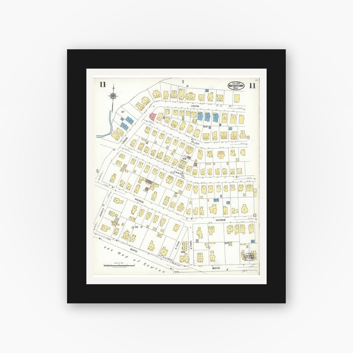 Old map wall art mockup — black gallery frame with white mat — Sanborn Fire Insurance Map from Watertown, Middlesex County, Massachusetts (1923), Sheet #0011