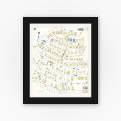 Old map wall art mockup — black gallery frame with white mat — Sanborn Fire Insurance Map from Watertown, Middlesex County, Massachusetts (1923), Sheet #0011