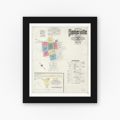 Old map wall art mockup — black gallery frame with white mat — Sanborn Fire Insurance Map from Somerville, Burleson County, Texas (1910), Sheet #0001