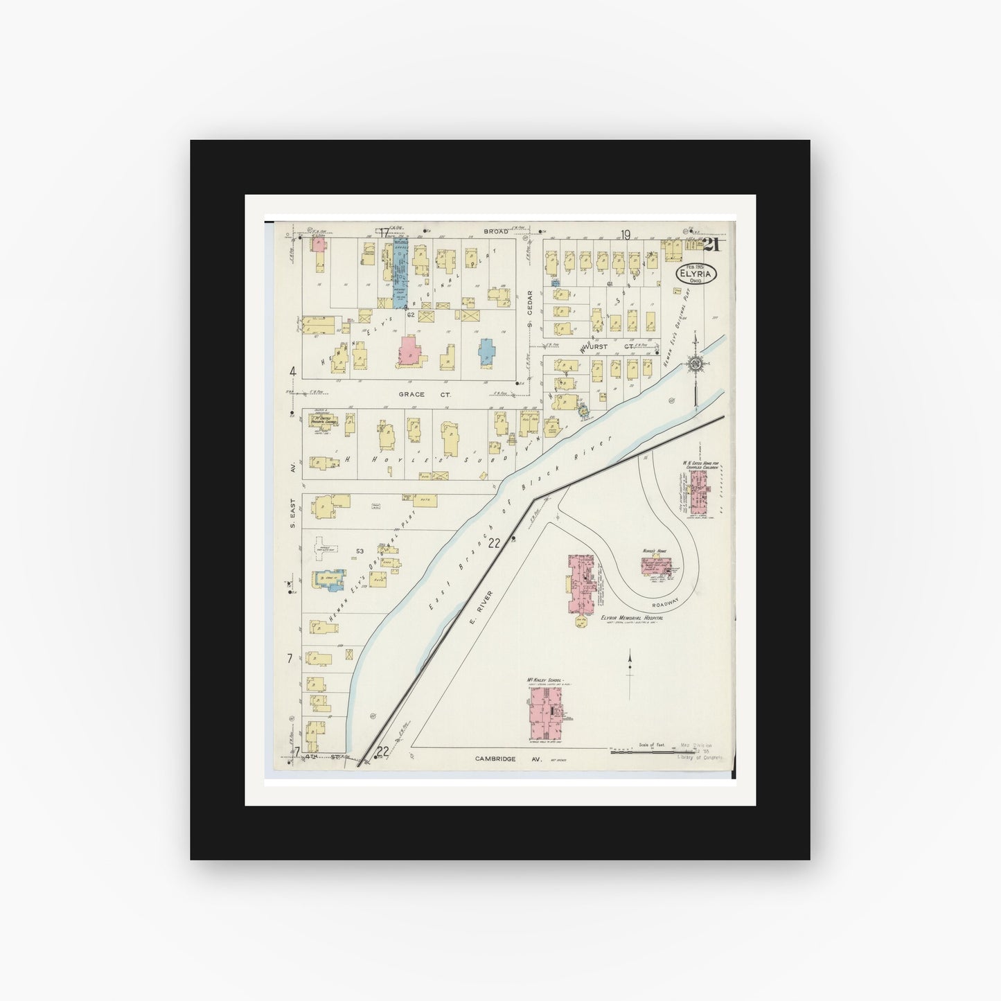 Old map wall art mockup — black gallery frame with white mat — Sanborn Fire Insurance Map from Elyria, Lorain County, Ohio (1915), Sheet #0021