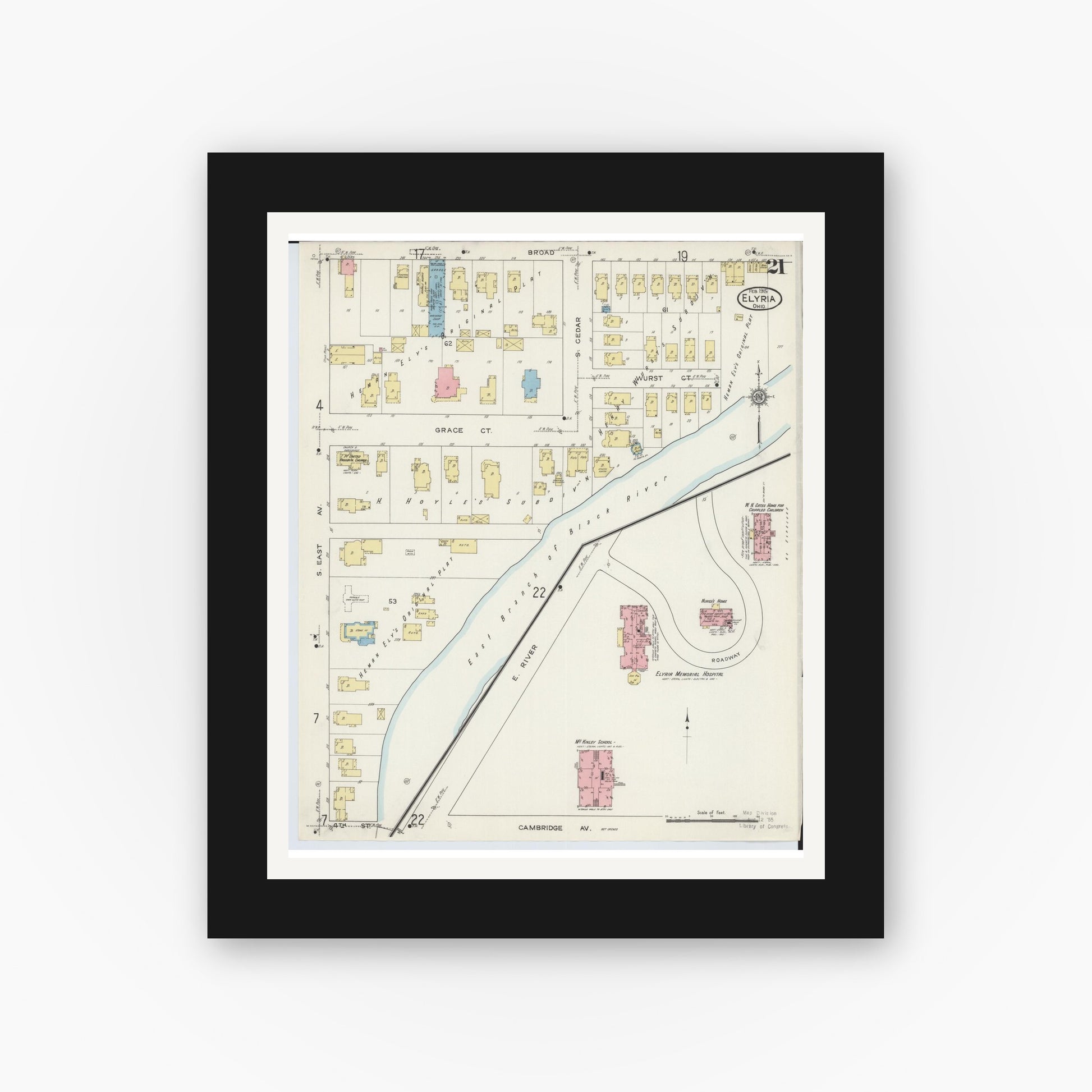 Old map wall art mockup — black gallery frame with white mat — Sanborn Fire Insurance Map from Elyria, Lorain County, Ohio (1915), Sheet #0021