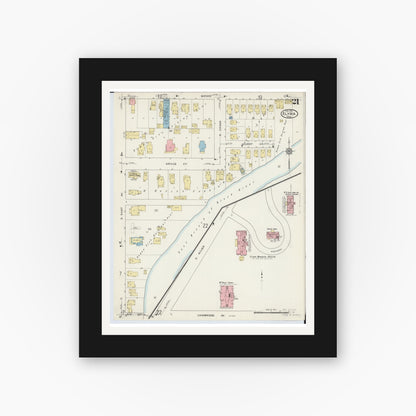 Old map wall art mockup — black gallery frame with white mat — Sanborn Fire Insurance Map from Elyria, Lorain County, Ohio (1915), Sheet #0021