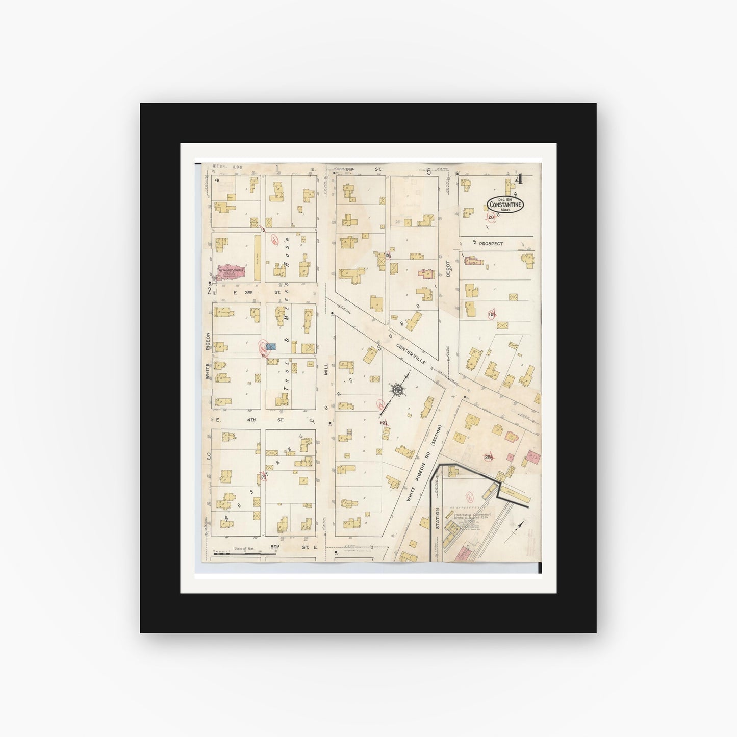 Old map wall art mockup — black gallery frame with white mat — Sanborn Fire Insurance Map from Constantine, Saint Joseph County, Michigan (1932), Sheet #0004