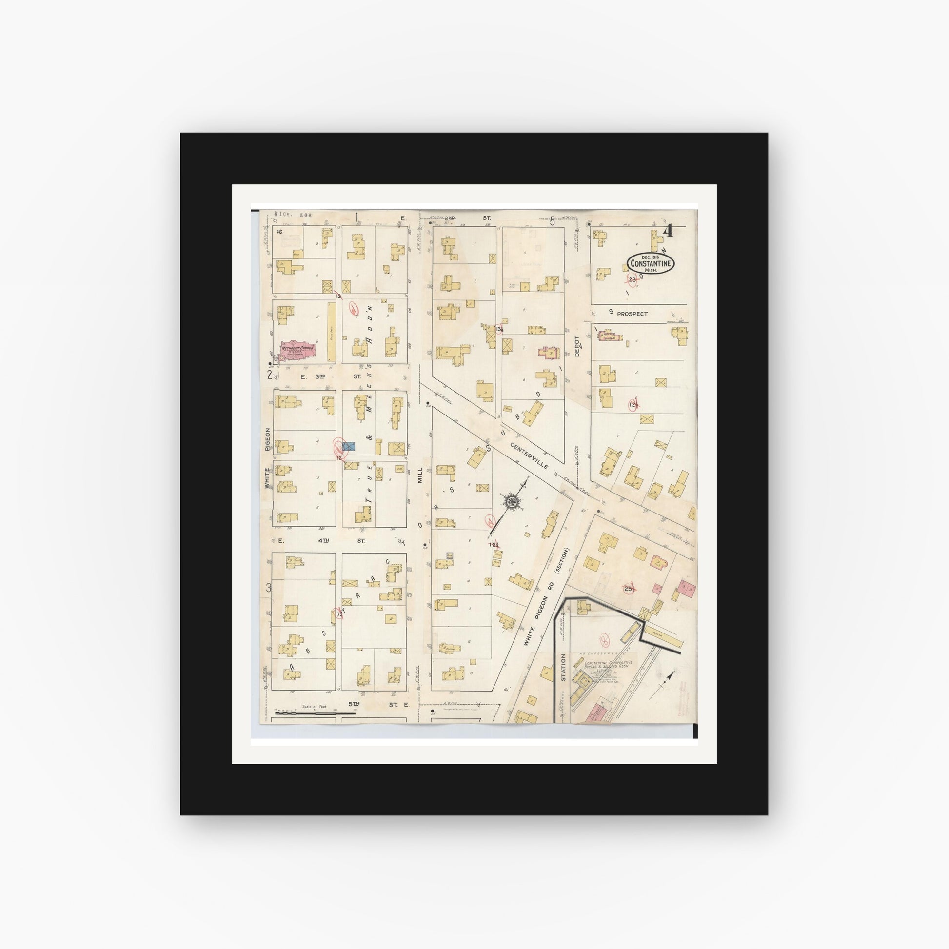 Old map wall art mockup — black gallery frame with white mat — Sanborn Fire Insurance Map from Constantine, Saint Joseph County, Michigan (1932), Sheet #0004