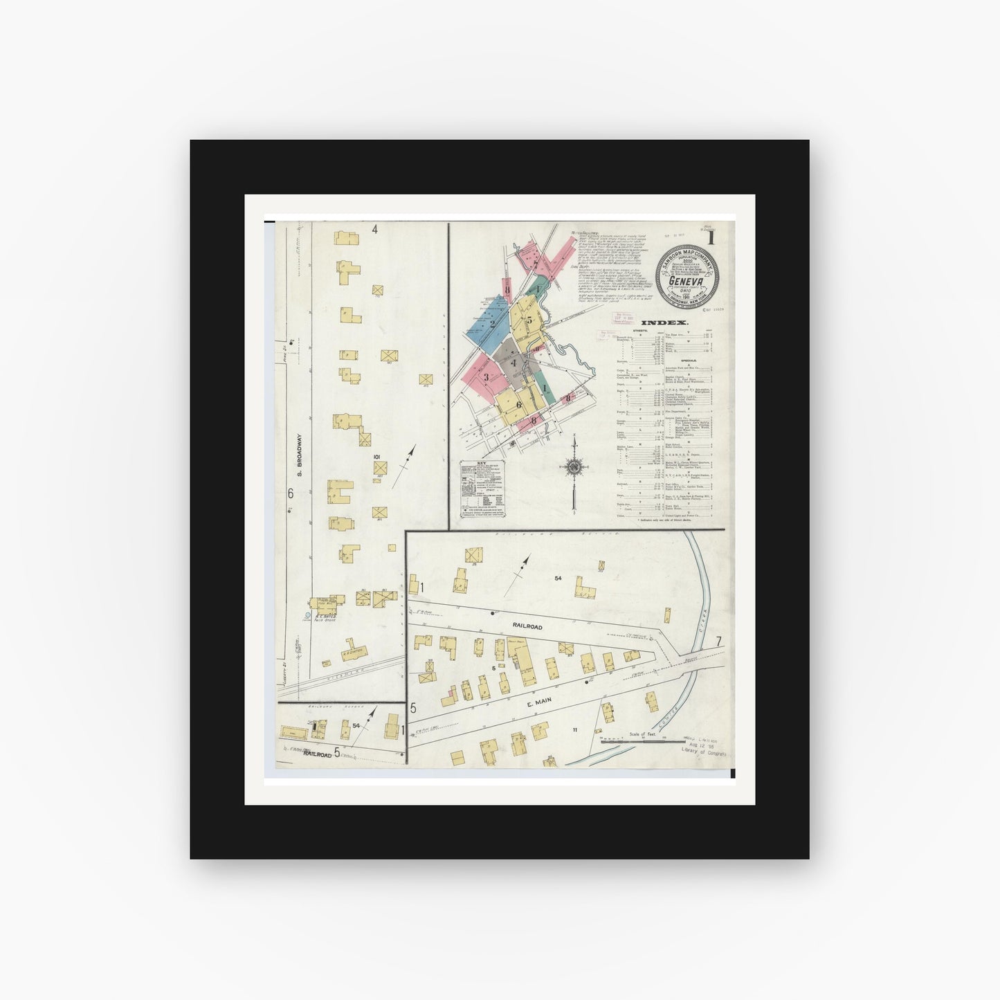 Old map wall art mockup — black gallery frame with white mat — Sanborn Fire Insurance Map from Geneva, Ashtabula County, Ohio (1911), Sheet #0001