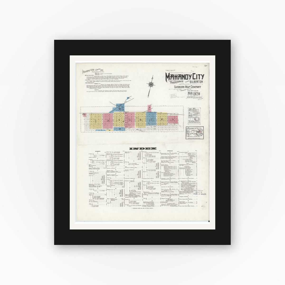 Old map wall art mockup — black gallery frame with white mat — Sanborn Fire Insurance Map from Mahanoy City, Schuylkill County, Pennsylvania (1920) - Complete Map Set