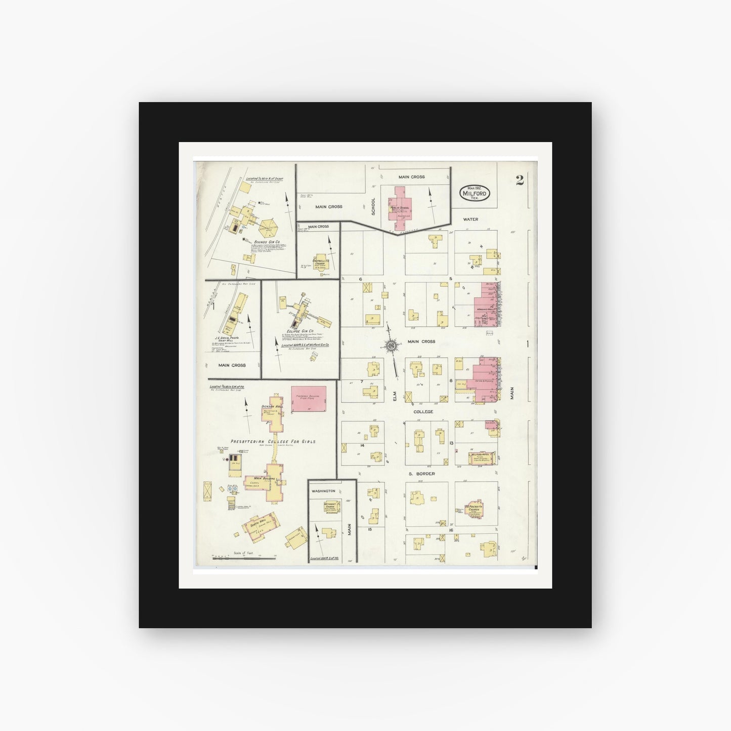 Old map wall art mockup — black gallery frame with white mat — Sanborn Fire Insurance Map from Milford, Ellis County, Texas (1912), Sheet #0002