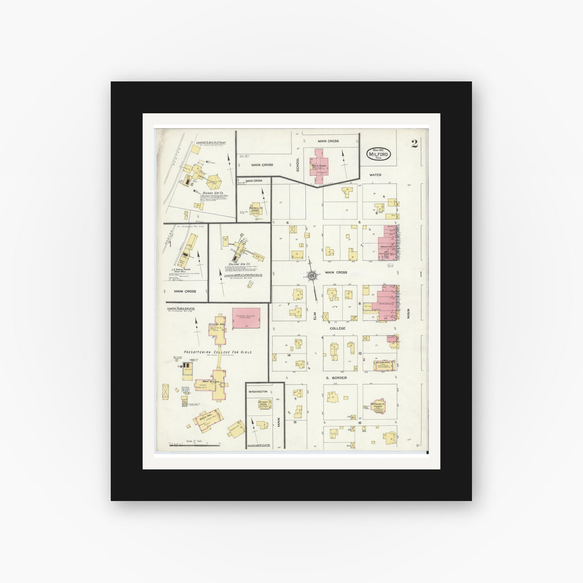Old map wall art mockup — black gallery frame with white mat — Sanborn Fire Insurance Map from Milford, Ellis County, Texas (1912), Sheet #0002
