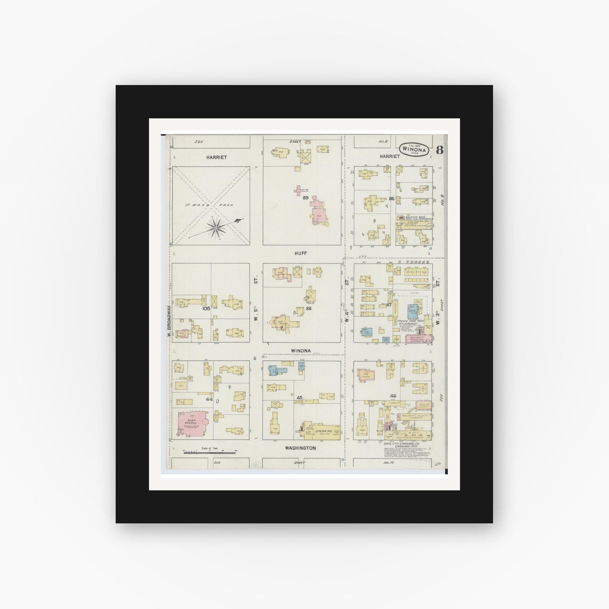 Old map wall art mockup — black gallery frame with white mat — Sanborn Fire Insurance Map from Winona, Winona County, Minnesota (1889), Sheet #0008
