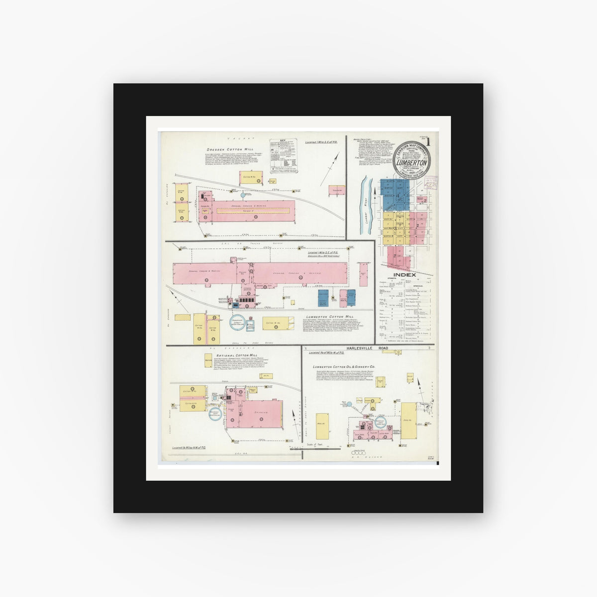 Old map wall art mockup — black gallery frame with white mat — Sanborn Fire Insurance Map from Lumberton, Robeson County, North Carolina (1908), Sheet #0001