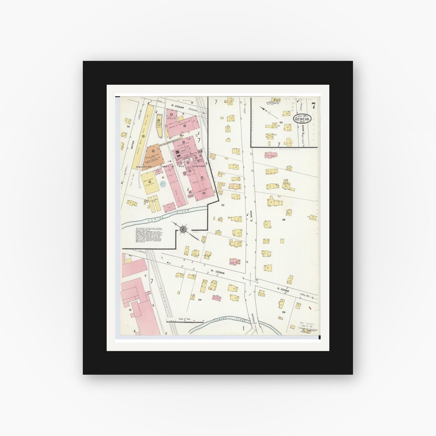 Old map wall art mockup — black gallery frame with white mat — Sanborn Fire Insurance Map from Geneva, Ashtabula County, Ohio (1911), Sheet #0007