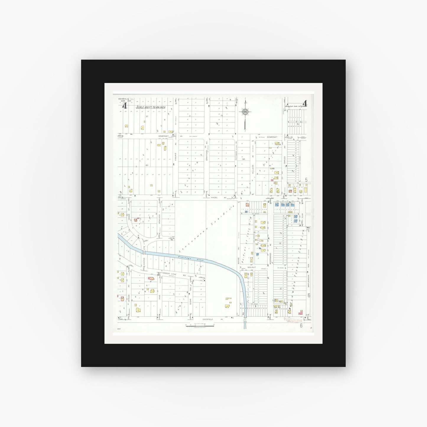 Old map wall art mockup — black gallery frame with white mat — Sanborn Fire Insurance Map from Deerfield, Lake County, Illinois (1935), Sheet #0004
