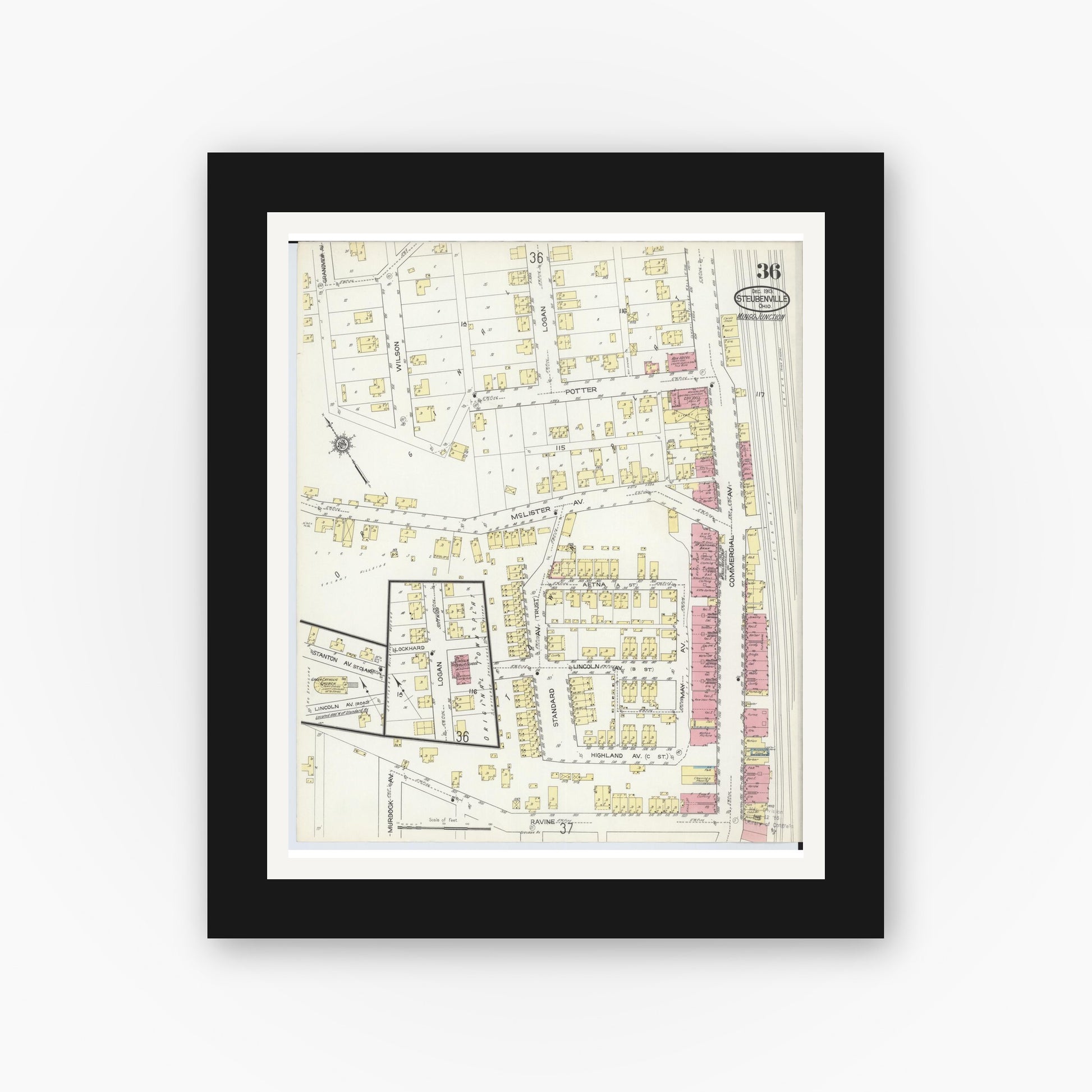 Old map wall art mockup — black gallery frame with white mat — Sanborn Fire Insurance Map from Steubenville, Jefferson County, Ohio (1913), Sheet #0036