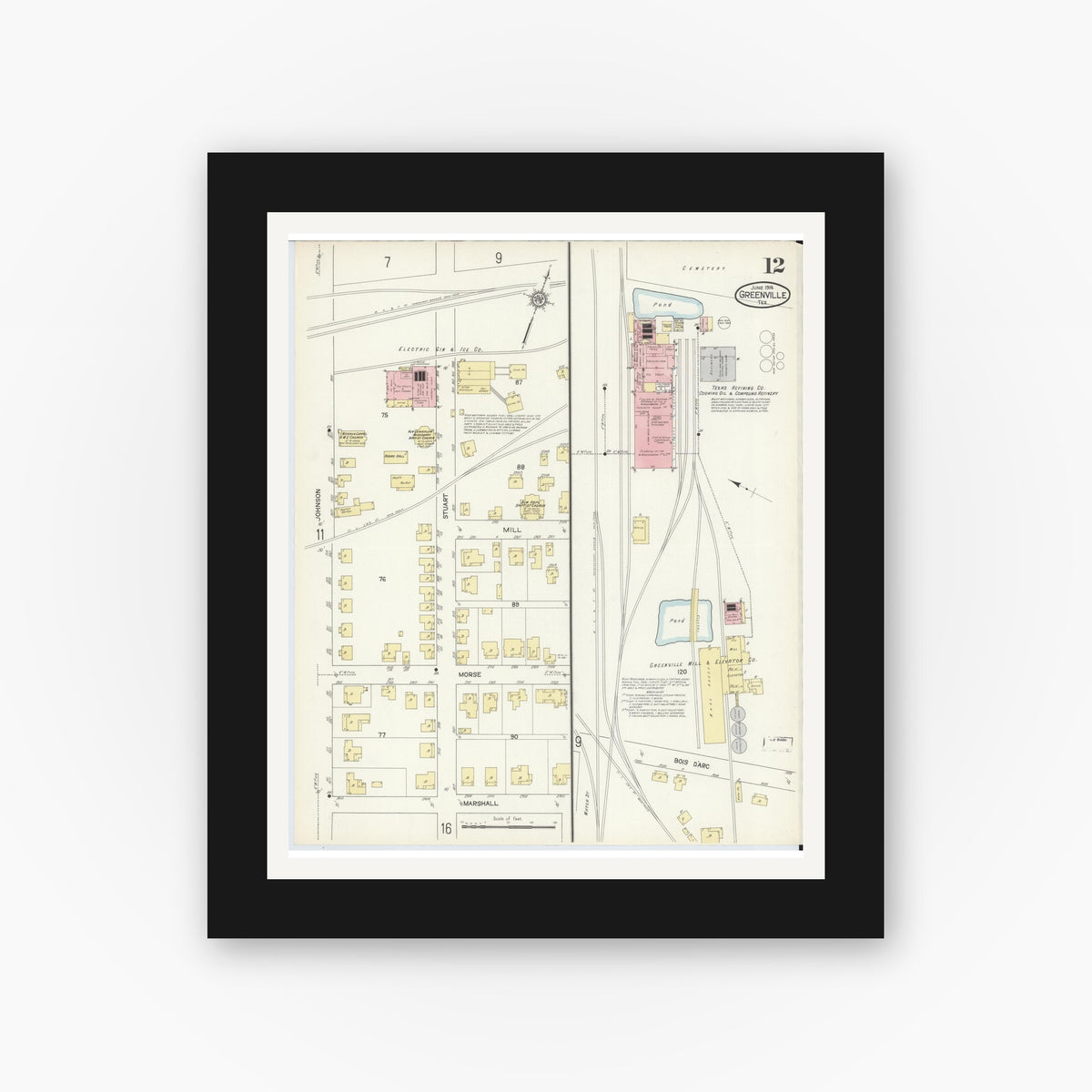 Old map wall art mockup — black gallery frame with white mat — Sanborn Fire Insurance Map from Greenville, Hunt County, Texas (1914), Sheet #0012