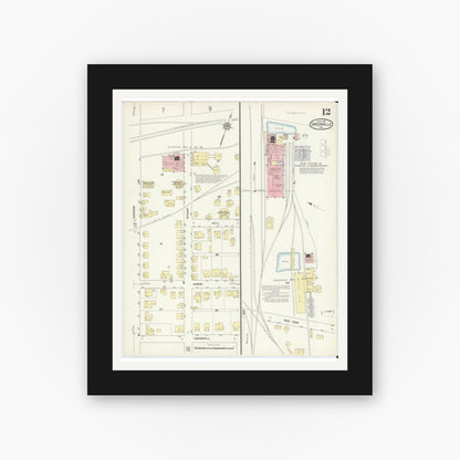 Old map wall art mockup — black gallery frame with white mat — Sanborn Fire Insurance Map from Greenville, Hunt County, Texas (1914), Sheet #0012