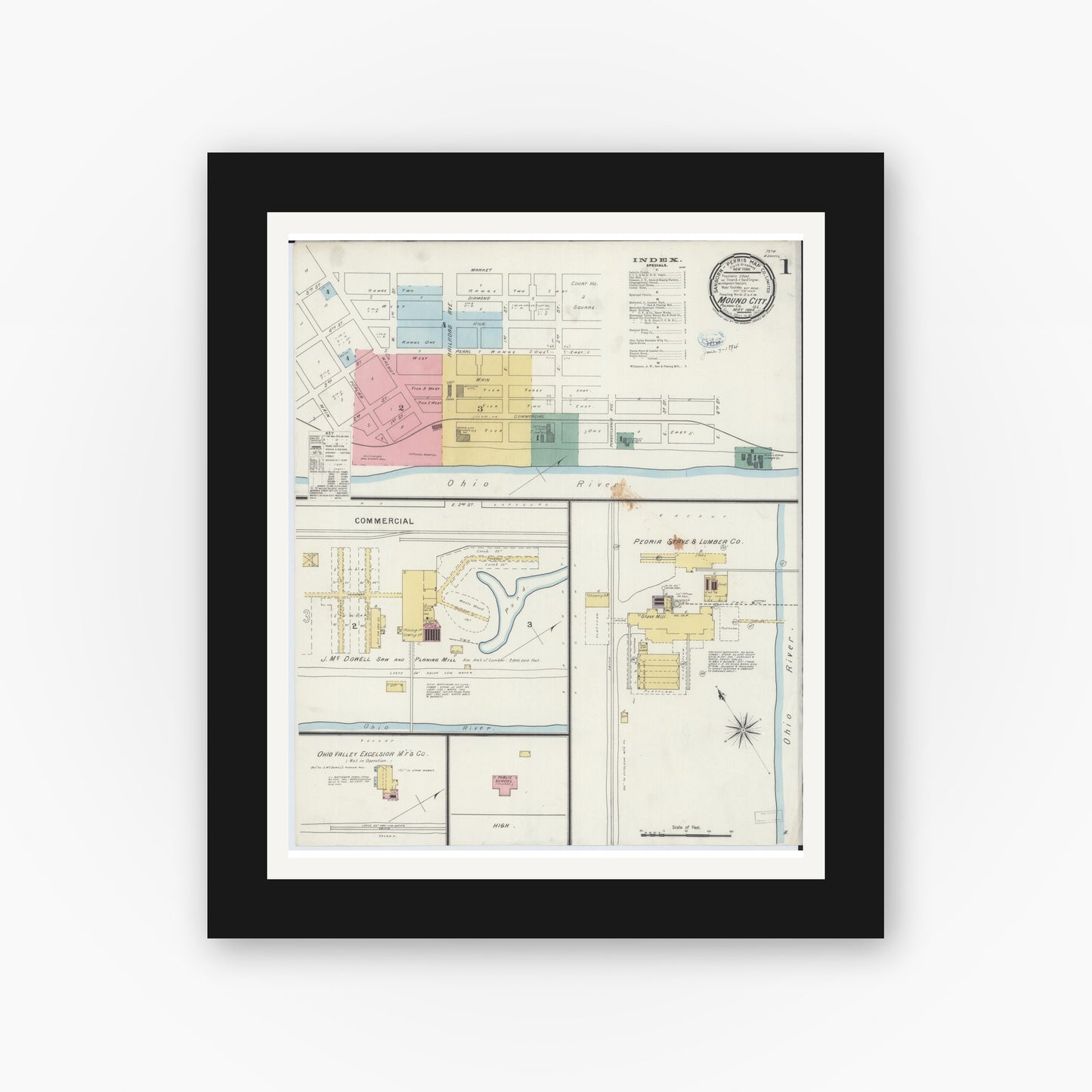 Old map wall art mockup — black gallery frame with white mat — Sanborn Fire Insurance Map from Mound City, Pulaski County, Illinois (1894), Sheet #0001