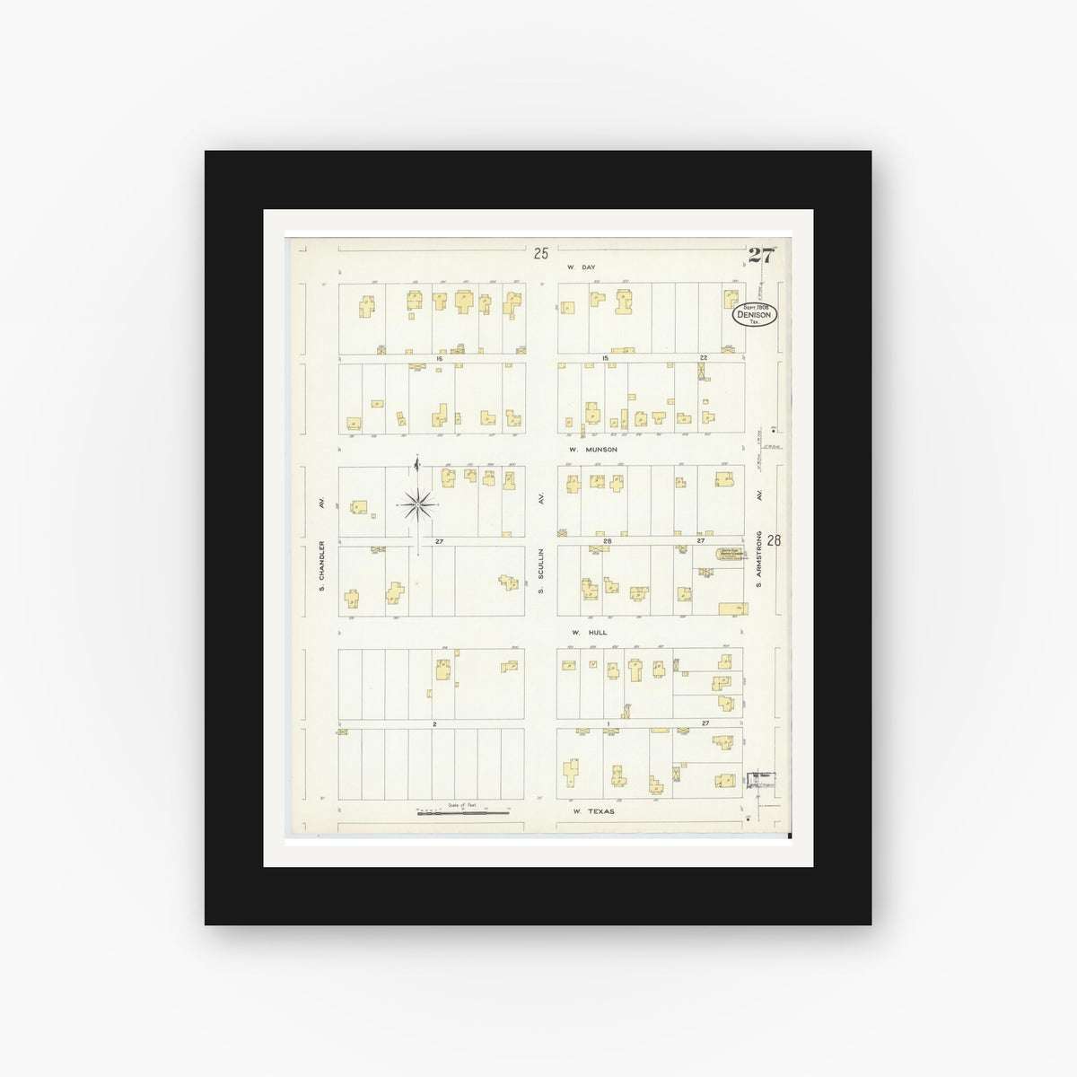 Old map wall art mockup — black gallery frame with white mat — Sanborn Fire Insurance Map from Denison, Grayson County, Texas (1908), Sheet #0027