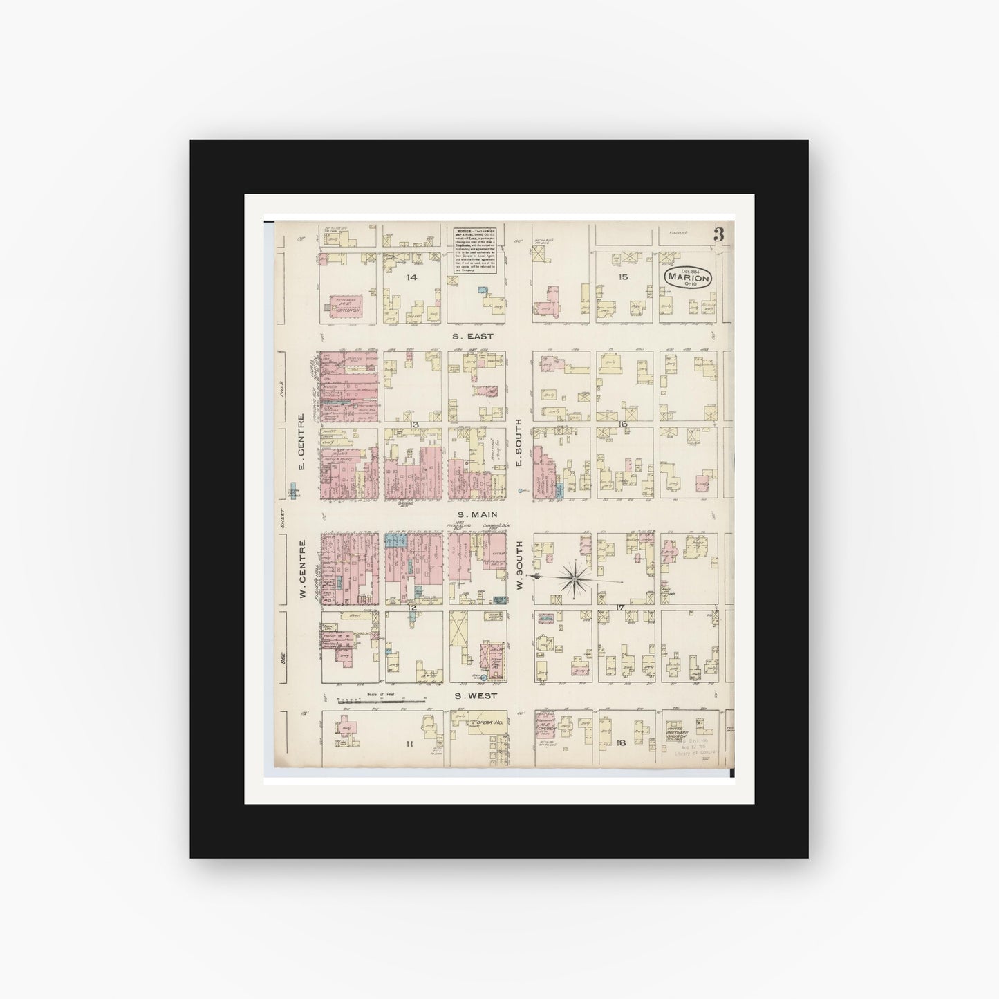 Old map wall art mockup — black gallery frame with white mat — Sanborn Fire Insurance Map from Marion, Marion County, Ohio (1884), Sheet #0003
