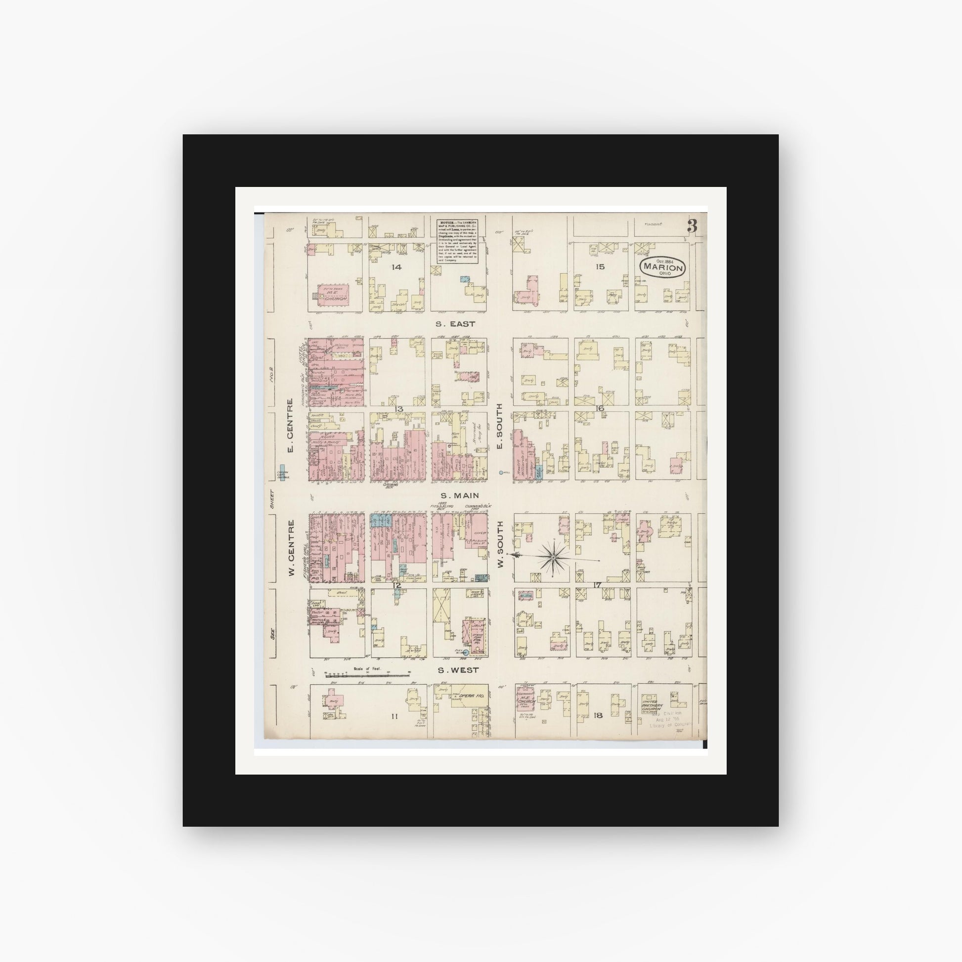 Old map wall art mockup — black gallery frame with white mat — Sanborn Fire Insurance Map from Marion, Marion County, Ohio (1884), Sheet #0003
