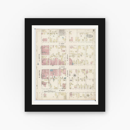 Old map wall art mockup — black gallery frame with white mat — Sanborn Fire Insurance Map from Marion, Marion County, Ohio (1884), Sheet #0003