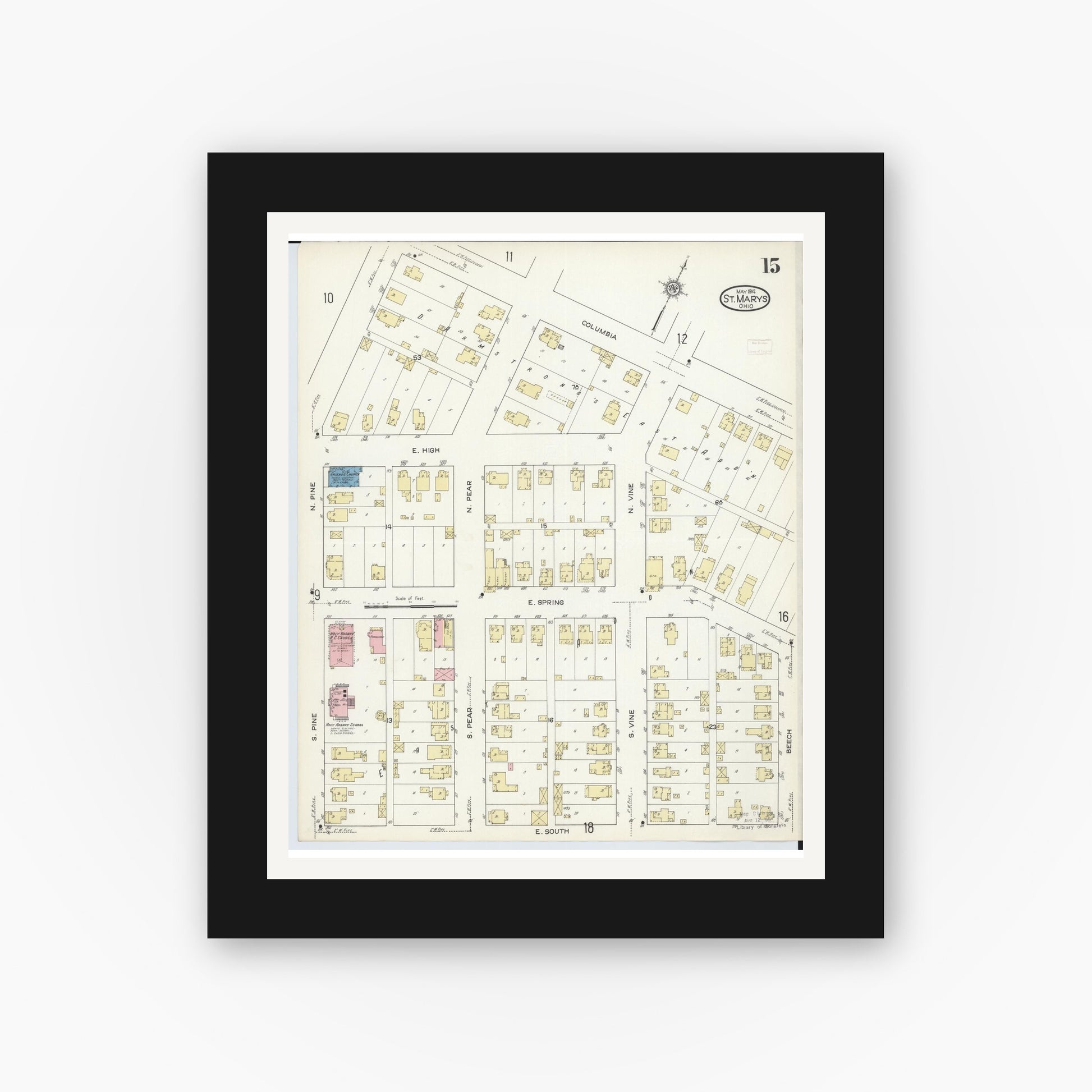Old map wall art mockup — black gallery frame with white mat — Sanborn Fire Insurance Map from Saint Marys, Auglaize County, Ohio (1914), Sheet #0015