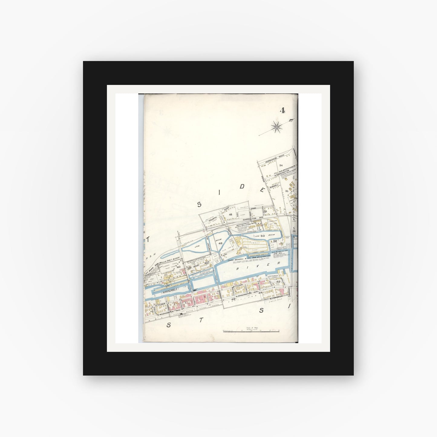 Old map wall art mockup — black gallery frame with white mat — Sanborn Fire Insurance Map from Saginaw, Saginaw County, Michigan (1895), Sheet #0004