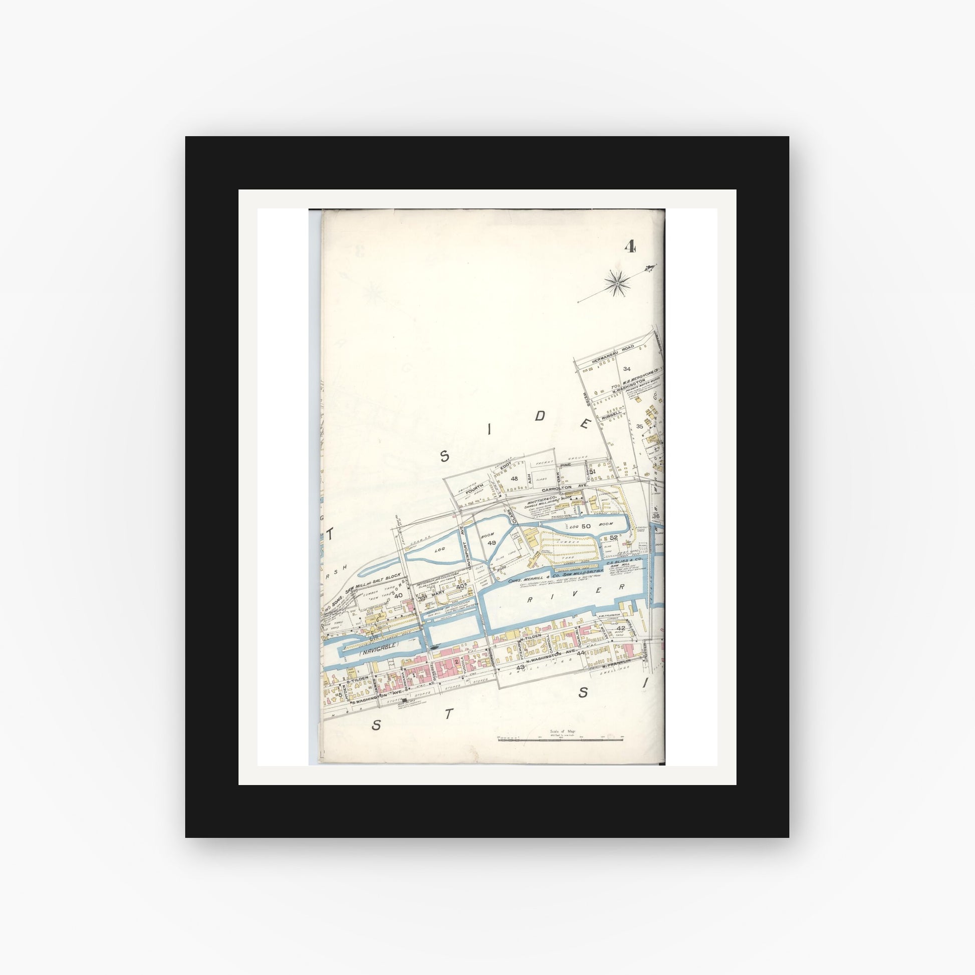 Old map wall art mockup — black gallery frame with white mat — Sanborn Fire Insurance Map from Saginaw, Saginaw County, Michigan (1895), Sheet #0004