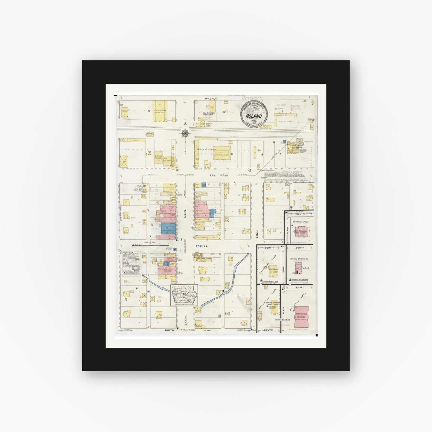 Old map wall art mockup — black gallery frame with white mat — Sanborn Fire Insurance Map from Roland, Story County, Iowa (1916), Sheet #0001