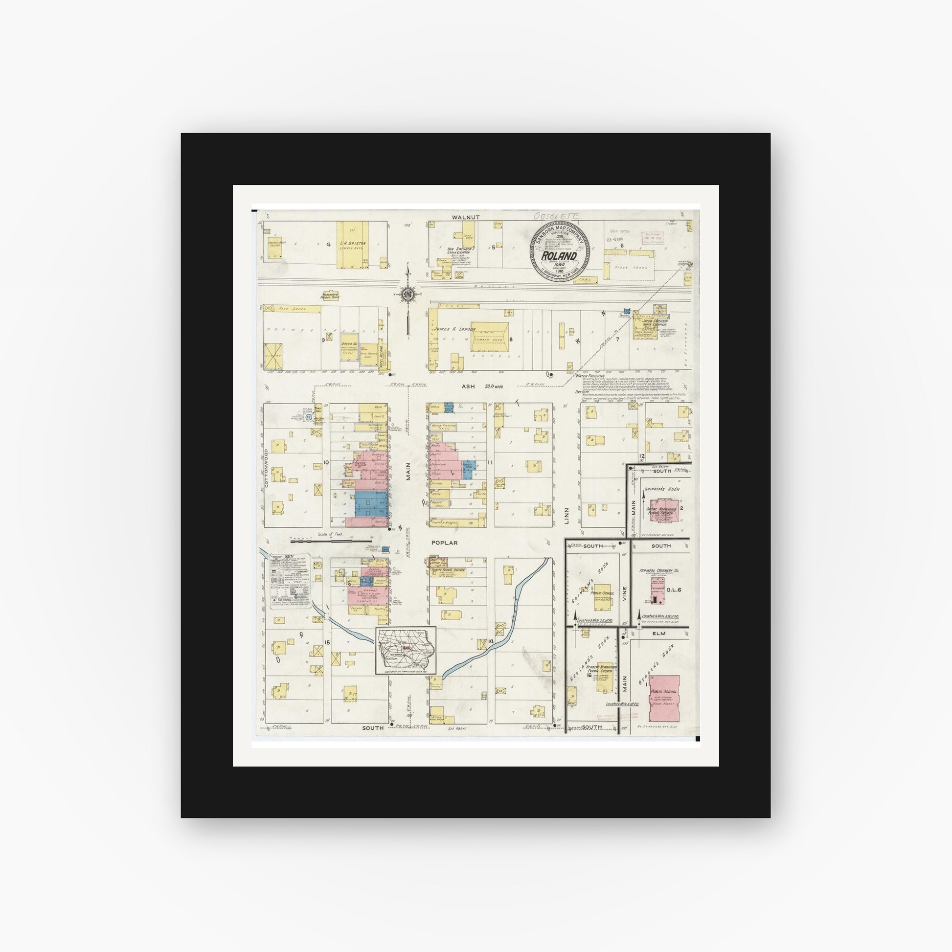 Old map wall art mockup — black gallery frame with white mat — Sanborn Fire Insurance Map from Roland, Story County, Iowa (1916), Sheet #0001