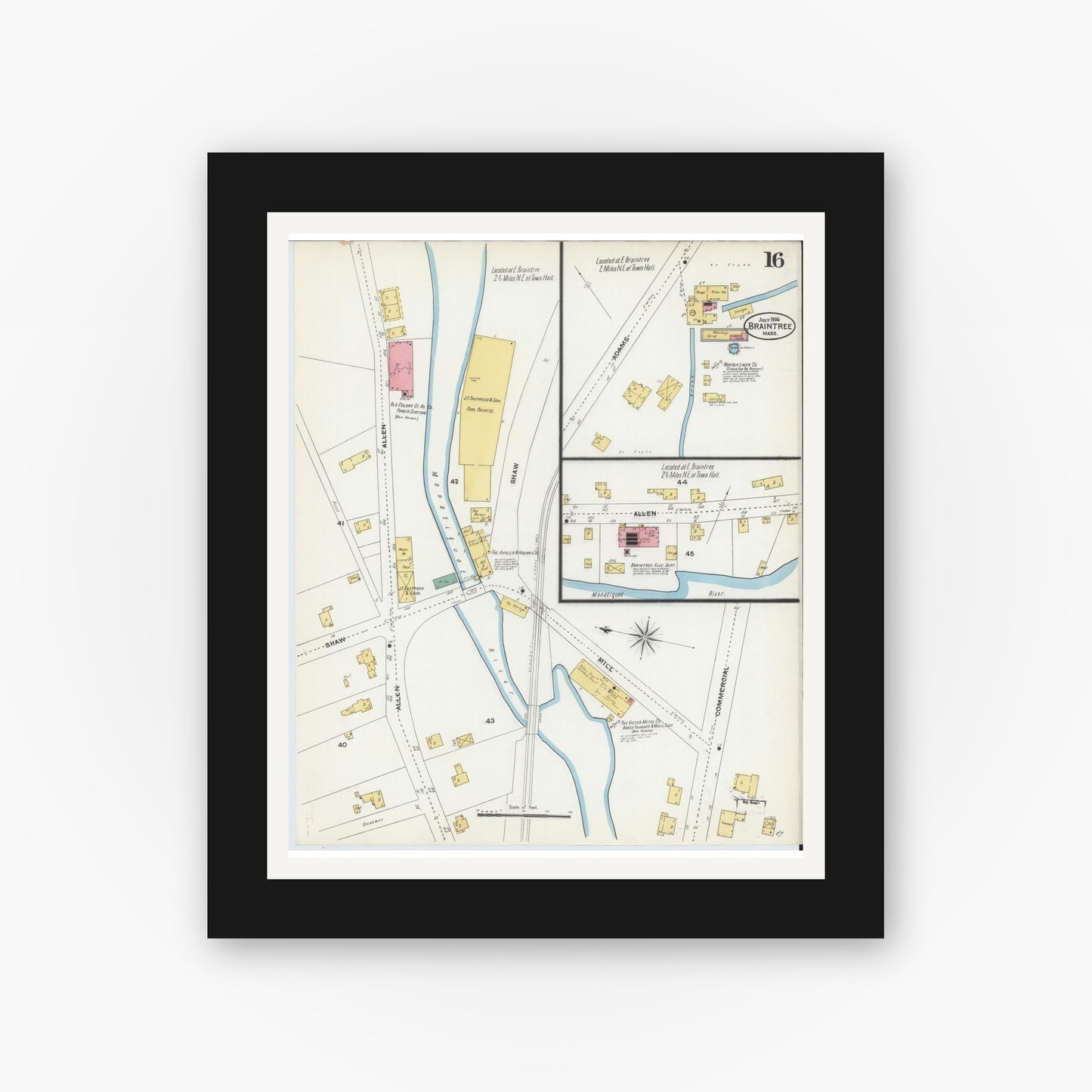 Old map wall art mockup — black gallery frame with white mat — Sanborn Fire Insurance Map from Braintree, Norfolk County, Massachusetts (1906), Sheet #0016
