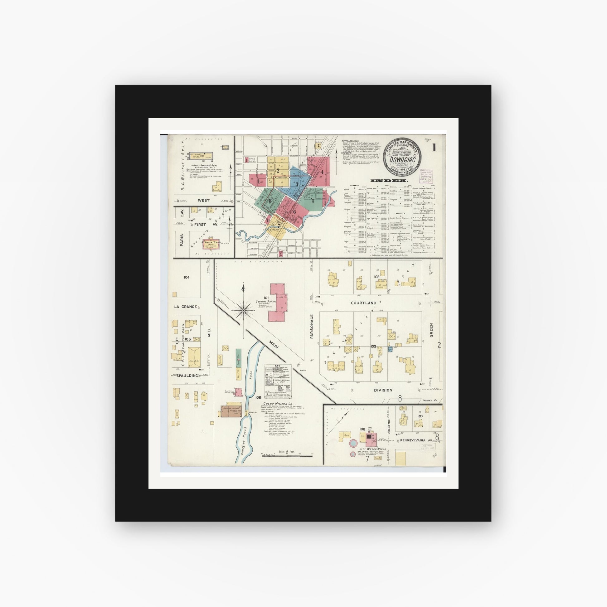 Old map wall art mockup — black gallery frame with white mat — Sanborn Fire Insurance Map from Dowagiac, Cass County, Michigan (1908), Sheet #0001