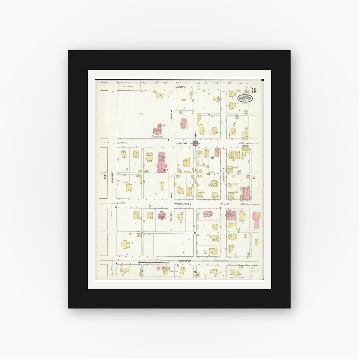 Old map wall art mockup — black gallery frame with white mat — Sanborn Fire Insurance Map from Newton, Jasper County, Illinois (1916), Sheet #0003