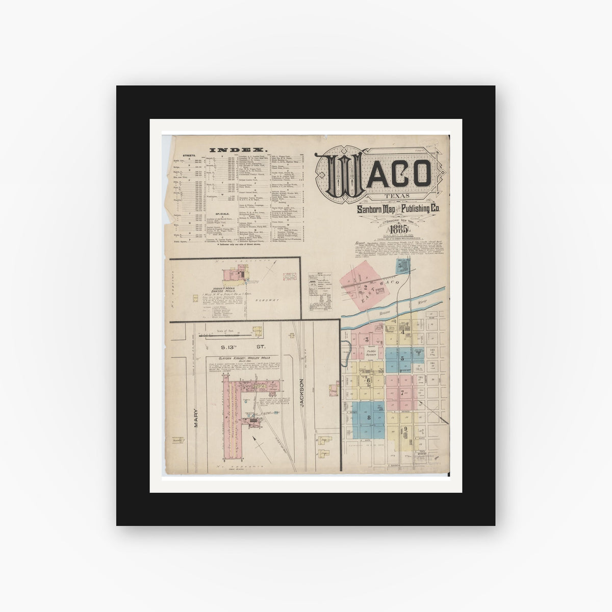 Old map wall art mockup — black gallery frame with white mat — Sanborn Fire Insurance Map from Waco, McLennan County, Texas (1885), Sheet #0001