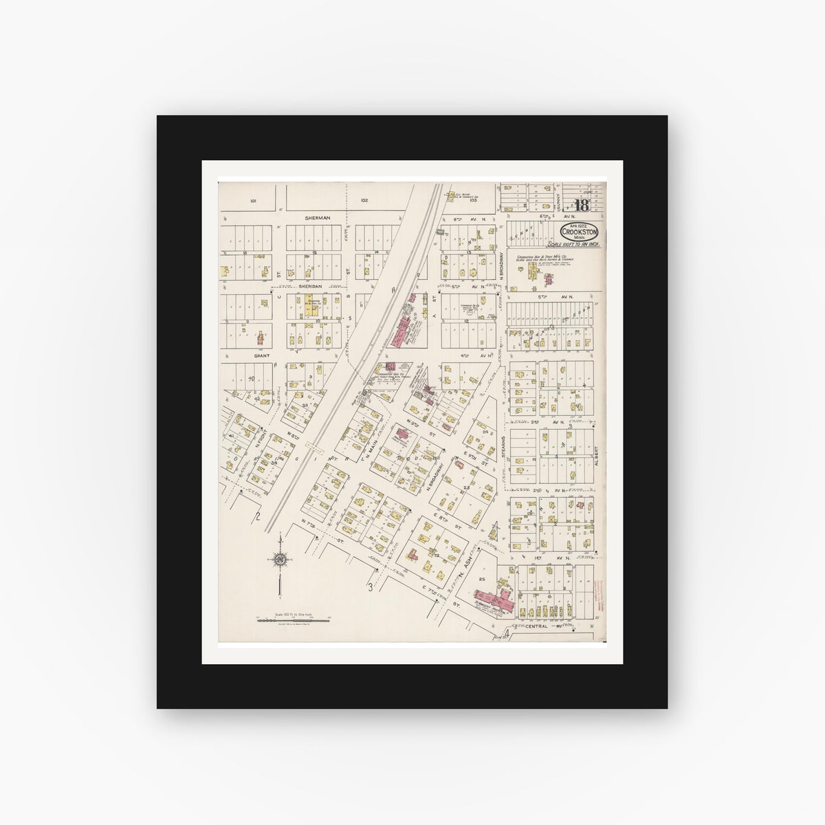 Old map wall art mockup — black gallery frame with white mat — Sanborn Fire Insurance Map from Crookston, Polk County, Minnesota (1922), Sheet #0018