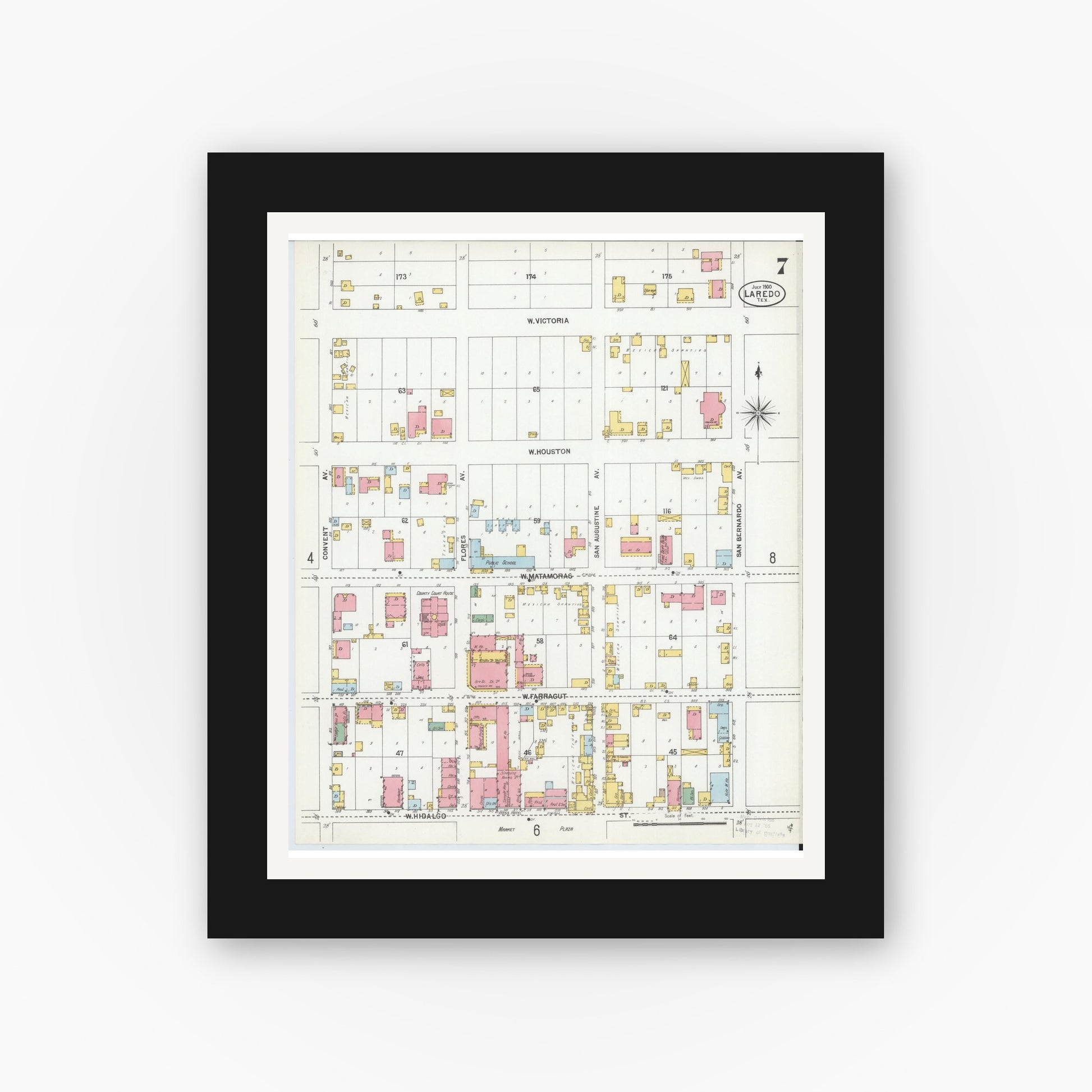 Old map wall art mockup — black gallery frame with white mat — Sanborn Fire Insurance Map from Laredo, Webb County, Texas (1900), Sheet #0007
