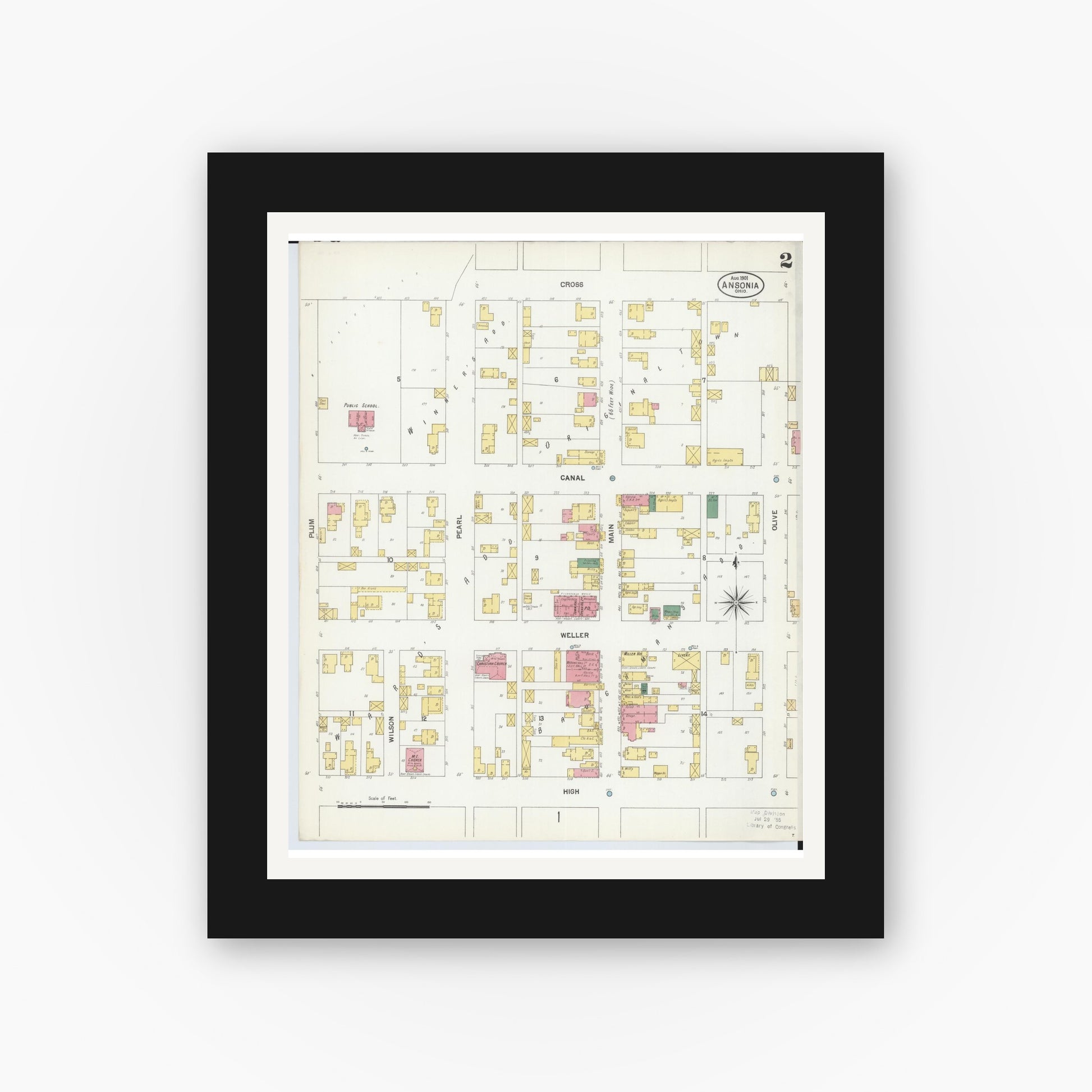 Old map wall art mockup — black gallery frame with white mat — Sanborn Fire Insurance Map from Ansonia, Darke County, Ohio (1901), Sheet #0002