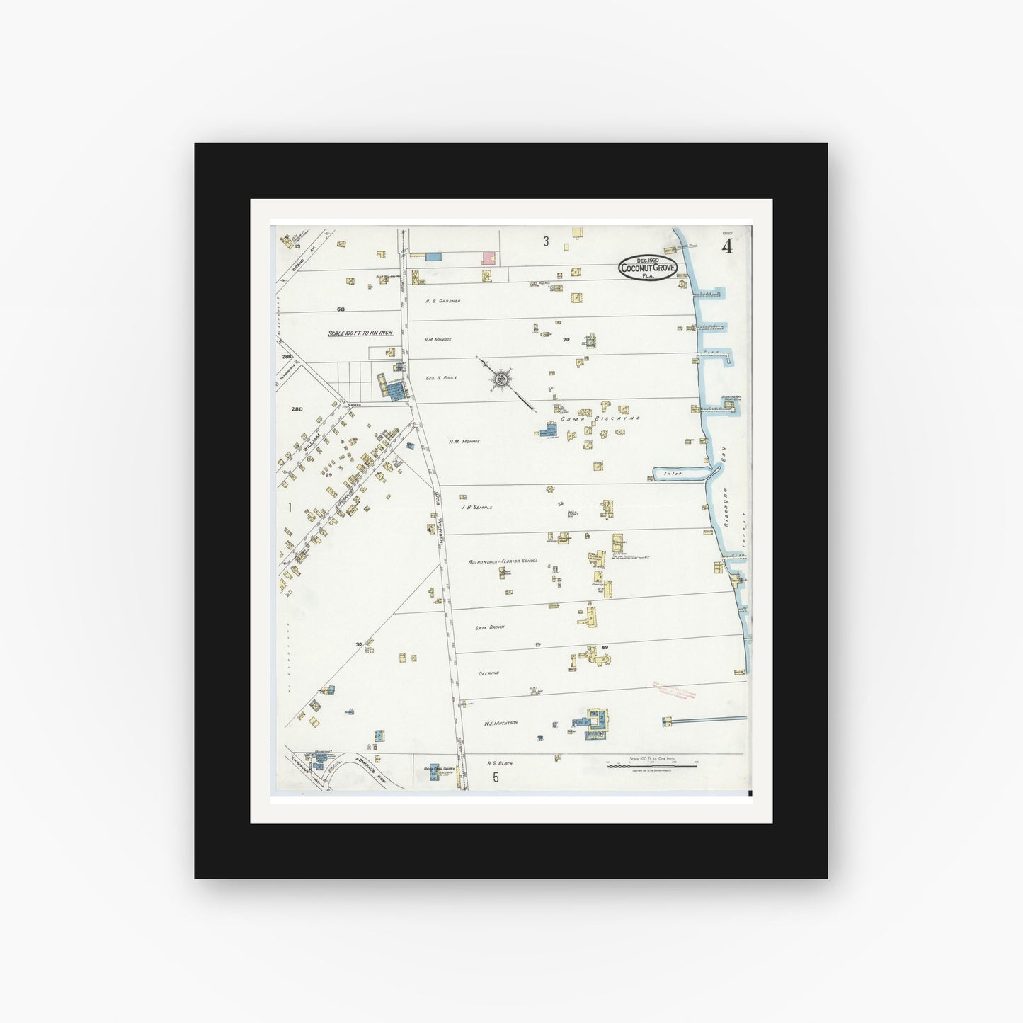 Old map wall art mockup — black gallery frame with white mat — Sanborn Fire Insurance Map from Coconut Grove, Dade County, Florida (1920), Sheet #0004