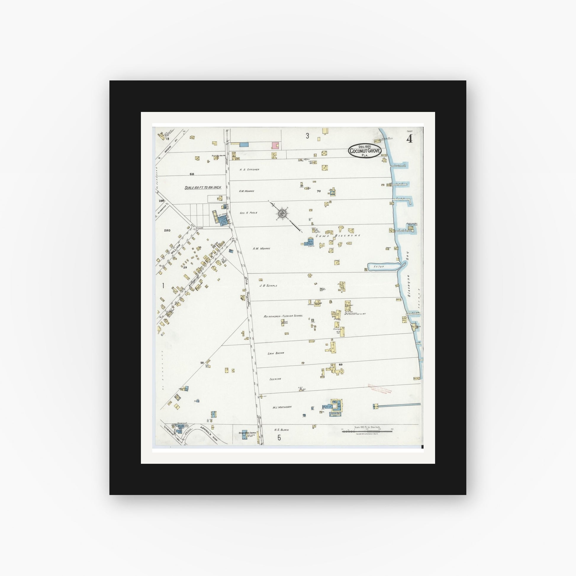 Old map wall art mockup — black gallery frame with white mat — Sanborn Fire Insurance Map from Coconut Grove, Dade County, Florida (1920), Sheet #0004