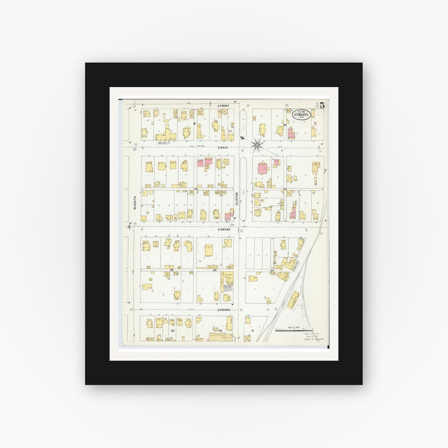 Old map wall art mockup — black gallery frame with white mat — Sanborn Fire Insurance Map from Saint Marys, Auglaize County, Ohio (1901), Sheet #0005