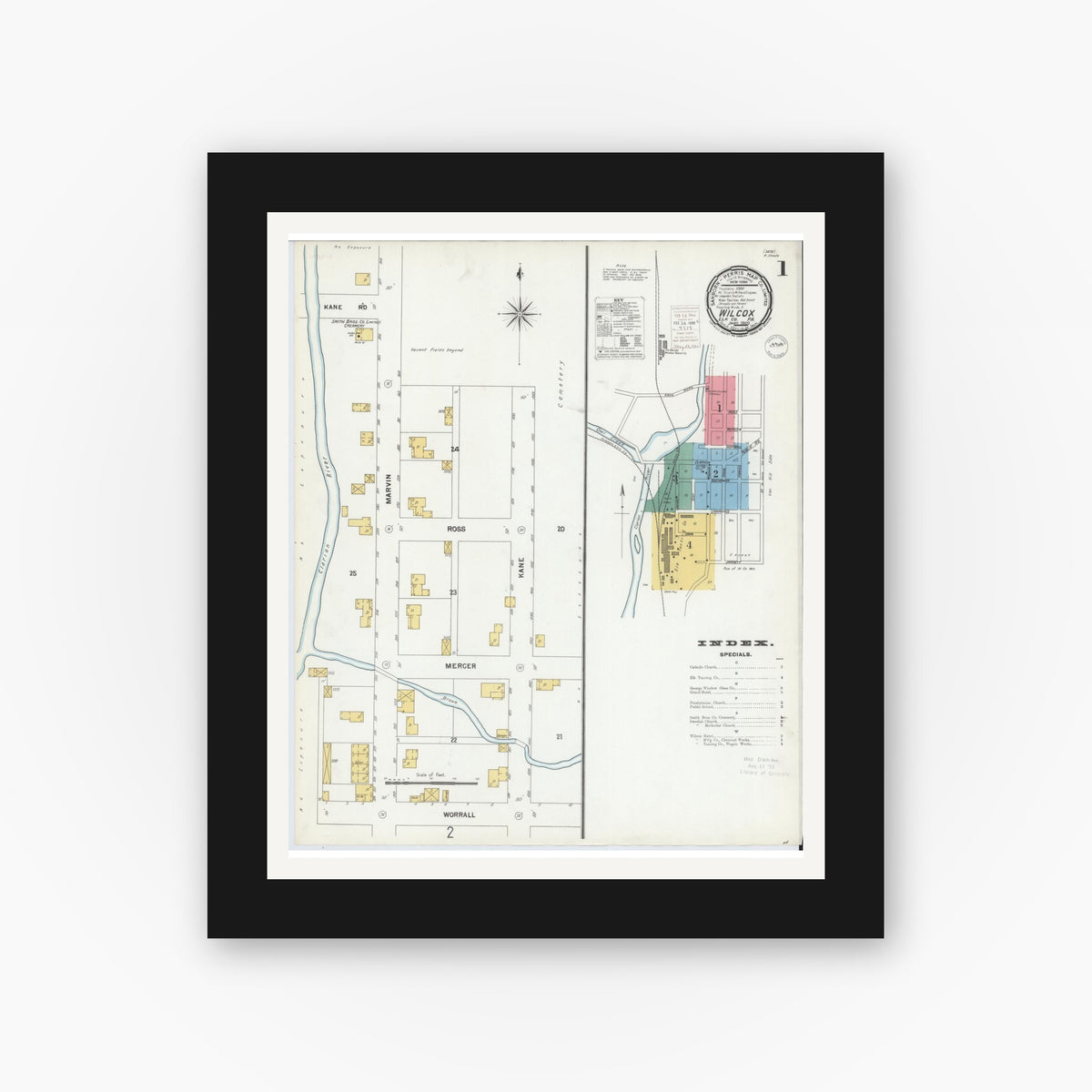 Old map wall art mockup — black gallery frame with white mat — Sanborn Fire Insurance Map from Wilcox, Elk County, Pennsylvania (1900), Sheet #0001