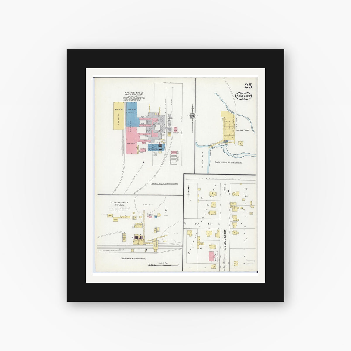 Old map wall art mockup — black gallery frame with white mat — Sanborn Fire Insurance Map from Streator, La Salle County, Illinois (1916), Sheet #0025
