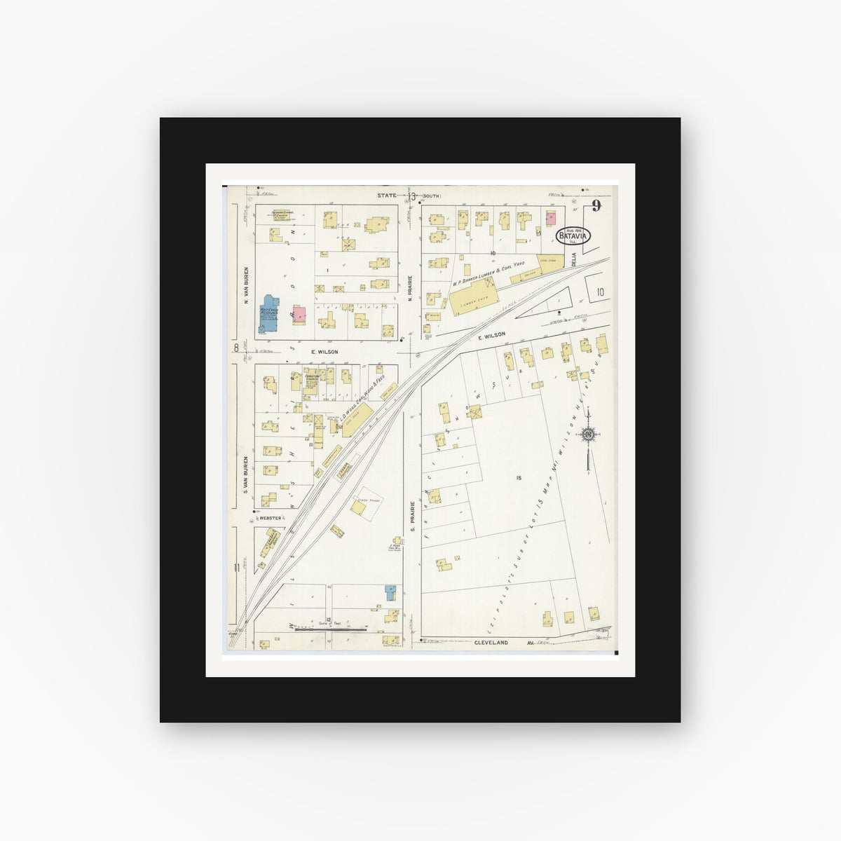 Old map wall art mockup — black gallery frame with white mat — Sanborn Fire Insurance Map from Batavia, Kane County, Illinois (1916), Sheet #0009